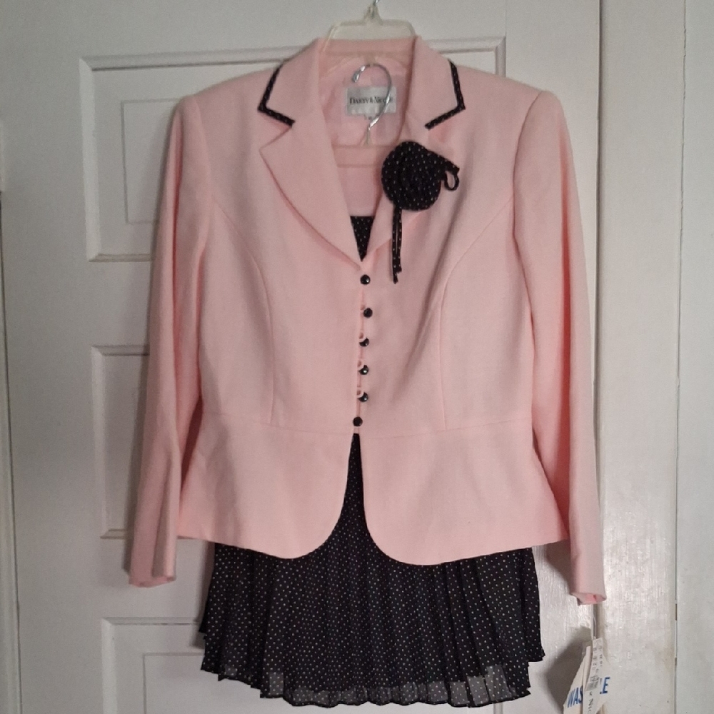 Pale Pink Peplum Blazer with Matching Black Polka Dot Skirt